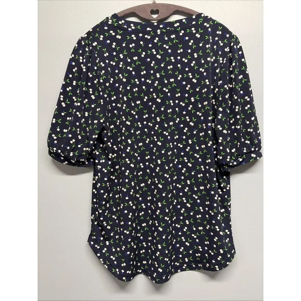 Banana Republic Navy Blue w/White Cherry Print - Short Puff Sleeves - Size Small
